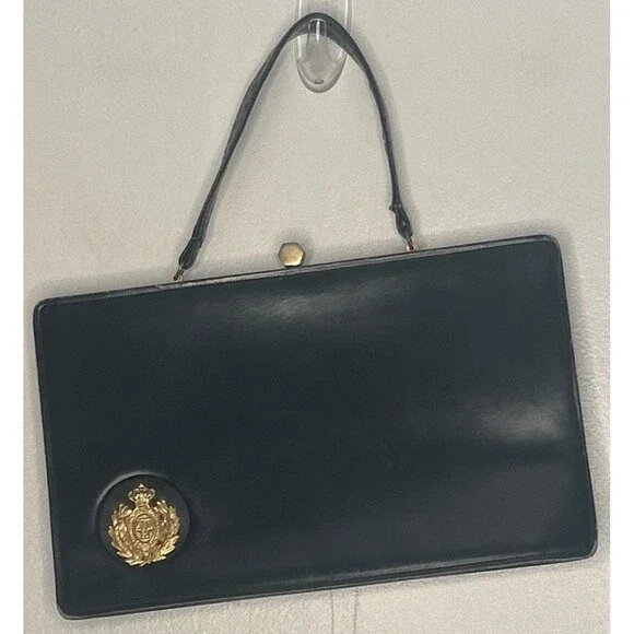 Vintage Saks Fifth Avenue Leather Handbag Purse Made in France Military Badge - Picture 1 of 11